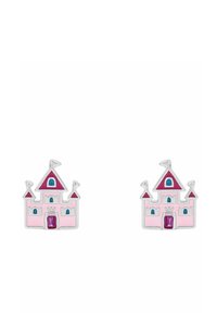 Orecchini a forma di castello rosa con accenti argentati, caratterizzati da finestre blu e una gemma rossa all'ingresso. Decorati con piccole bandiere.