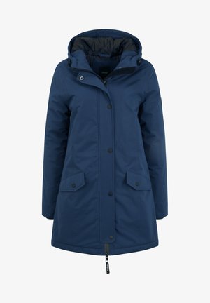 Navy blue insulated jacket with a hood, front zip closure, snap buttons, and two front pockets featuring a smooth texture and minimal design.