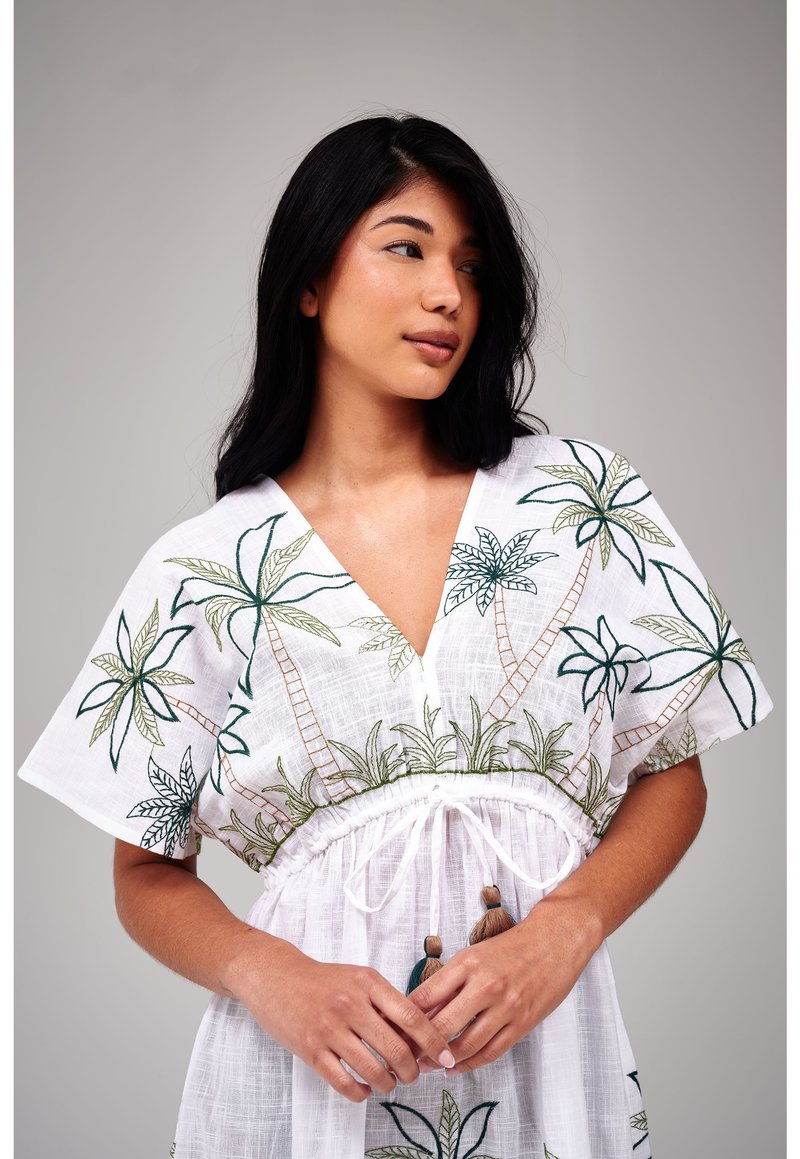 south beach dress EMBROIDERED PALM TREE EMPIRE WAIST MINI - Beach accessory - white SIZE:15.5 AW25 RTW DROP 1 Sea Glow Sequin Maxi feminine touch