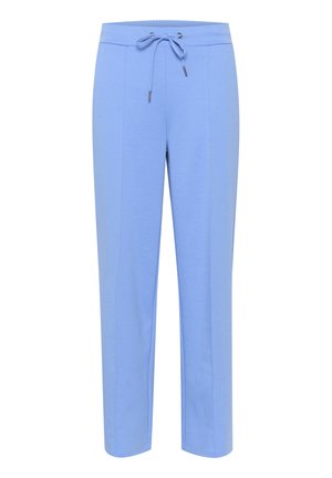 Light blue jogger pants with a drawstring waist, made from soft fabric, featuring a slim fit and straight legs.