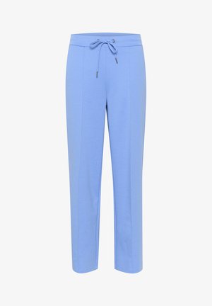 Lyseblå joggerbukser med snor i taljen, lavet af blødt stof, med en tætsiddende pasform og lige ben.