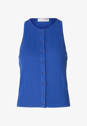 Zils ribots bezroku tops ar apaļu kakla izgriezumu, priekšpusē ar pogu aizdari un misiņa pogām. Izgatavots no teksturētas adītas materiāla.