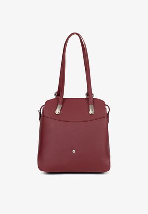Sac à main en cuir bordeaux avec deux longues bandoulières, détails en métal argenté et un petit bouton décoratif argenté à l'avant.