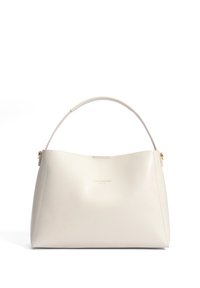 Beige Lederhandtasche mit einer geschwungenen Silhouette, einem einzelnen Griff und goldfarbenen Akzenten. Minimalistisches Design mit prägtem Logo auf der Vorderseite.