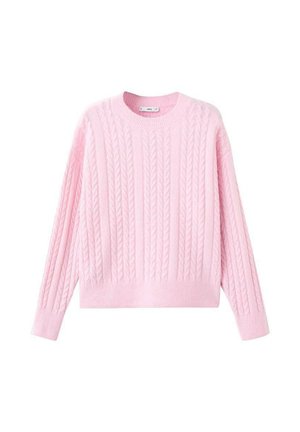 Jersey de color rosa de punto con un patrón de trenzas, mangas largas y cuello redondo. La tela es suave con un acabado ligeramente texturizado.