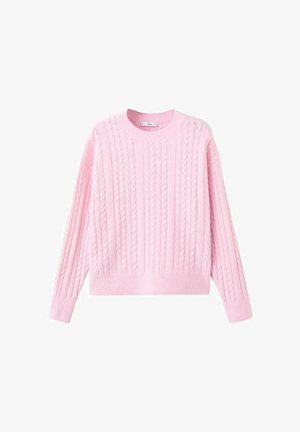 Jersey de color rosa de punto con un patrón de trenzas, mangas largas y cuello redondo. La tela es suave con un acabado ligeramente texturizado.