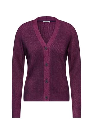 Cardigan à manches longues en dégradé de violet foncé à violet clair, avec un col en V. Il présente une texture côtelée et cinq boutons noirs sur le devant.