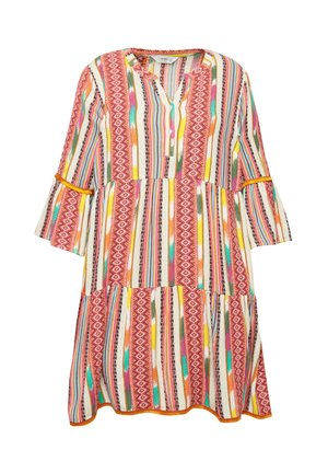 Bunt gemustertes Kleid mit vertikalen Streifen in Pink, Gelb, Türkis und Weiß. Ausgestellte Ärmel und ein V-Ausschnitt mit Besatz.