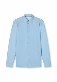 Hellblaues Hemd mit langen Ärmeln aus strukturiertem Stoff, klassischem Kragen und Knopfleiste mit silberfarbenen Knöpfen.