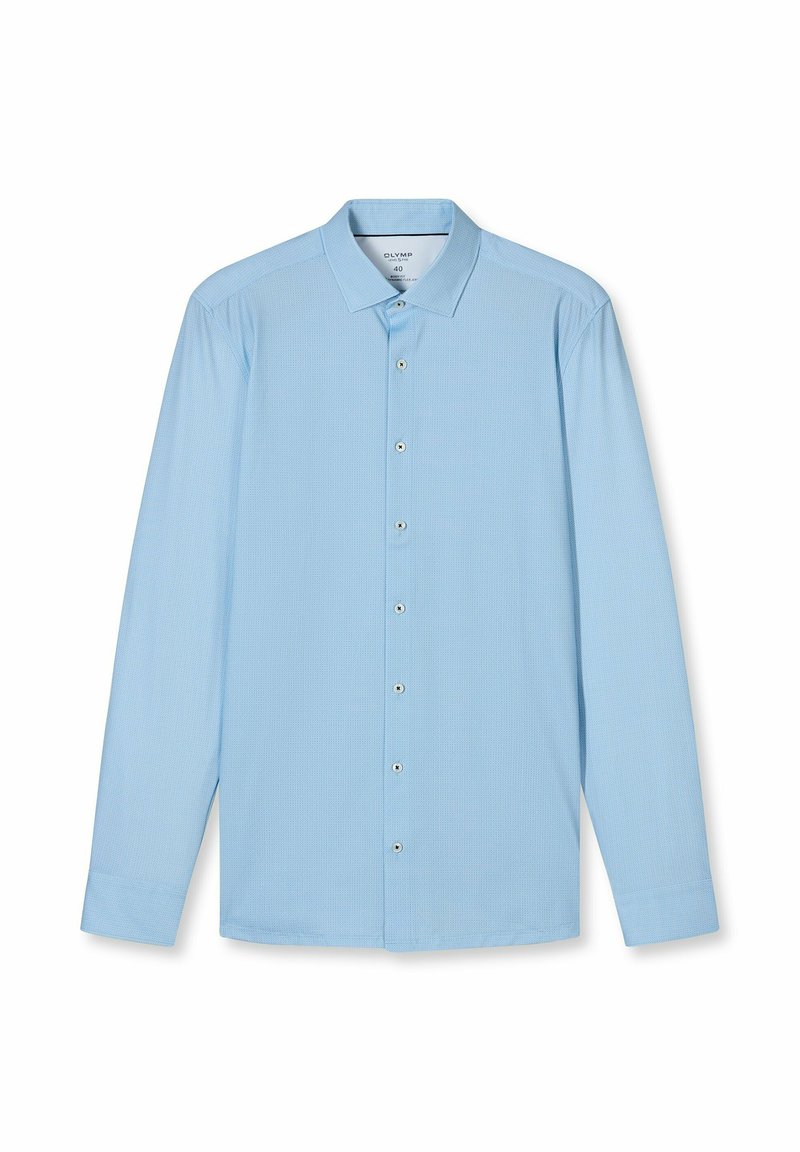 Hellblaues Hemd mit langen Ärmeln aus strukturiertem Stoff, klassischem Kragen und Knopfleiste mit silberfarbenen Knöpfen.