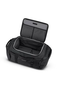 Borsa da viaggio nera con interno grigio, ampio scomparto principale e tasca con zip sul coperchio. Dotata di manici imbottiti e spallacci regolabili.