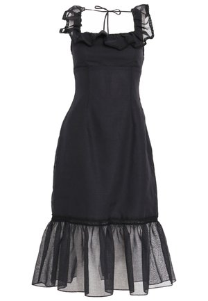 Robe midi noire sans manches avec encolure à volants, manches bordées de dentelle et ourlet évasé transparent.