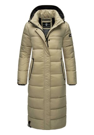 Lång beige pufferjacka med huva, dragkedja framtill och svarta detaljer. Har en kviltad design, två sidofickor och ribbade ärmslut.