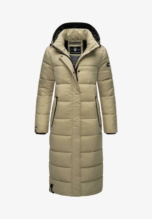 Lang beige puffer jakke med hætte, lynlås foran og sorte detaljer. Har quiltet design, to sidelommer og ribbede manchetter.