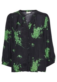 Blouse noire à motif floral vert, avec boutonnage devant, col en V et manches longues bouffantes. Tissu lisse avec légère brillance et ourlet arrondi.