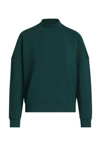Felpa verde scuro con collo alto, spalle cadenti e polsini a coste. Texture morbida con dettagli sottili sulle cuciture delle spalle.