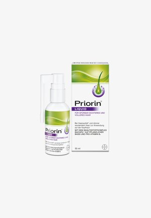 Priorin Liquid Haarbehandlung Flasche und Packung mit grünem Design, für sichtbar dichteres, voluminöseres Haar, enthält Baicapil und Provitamin B5, 50 ml.