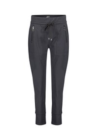 Svarta joggerbyxor i mjukt tyg, med elastisk midja, snören och fickor med dragkedja. Mudd i benen.