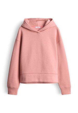 Soft pink hooded sweatshirt with long sleeves, ribbed cuffs, and a relaxed fit, displayed against a white background.