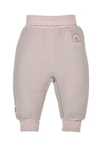 Helle rosa Kinderhose mit strukturiertem Wabenmuster, ausgestattet mit einem gepunkteten Bund und umgenähten Säumen. Beinhaltet ein kleines Regenbogen-Patch.