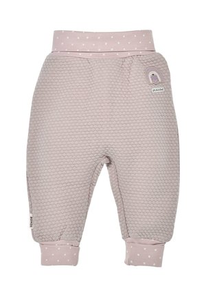 Helle rosa Kinderhose mit strukturiertem Wabenmuster, ausgestattet mit einem gepunkteten Bund und umgenähten Säumen. Beinhaltet ein kleines Regenbogen-Patch.