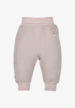Helle rosa Kinderhose mit strukturiertem Wabenmuster, ausgestattet mit einem gepunkteten Bund und umgenähten Säumen. Beinhaltet ein kleines Regenbogen-Patch.
