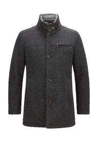Grau-wollener Mantel mit hohem Kragen, zwei seitlichen Taschen und einer Brusttasche mit Reißverschluss. Ausgestattet mit braunen Knopfbeschlägen und einem glatten grauen Futter.