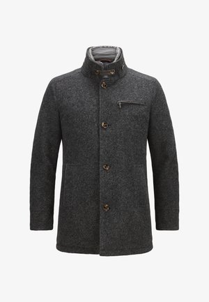 Grau-wollener Mantel mit hohem Kragen, zwei seitlichen Taschen und einer Brusttasche mit Reißverschluss. Ausgestattet mit braunen Knopfbeschlägen und einem glatten grauen Futter.