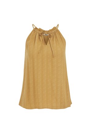 Ärmellose Bluse in Senfgelb mit verstellbarem Bindeband am Ausschnitt und gerafftem Oberteil, gefertigt aus leichtem, strukturiertem Stoff.