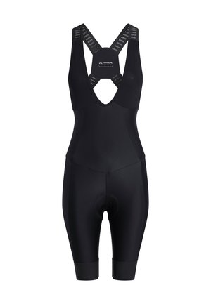 Cuissard de cyclisme noir une pièce avec siège rembourré et larges bretelles perforées, marqué du logo Vaude sur le panneau arrière.