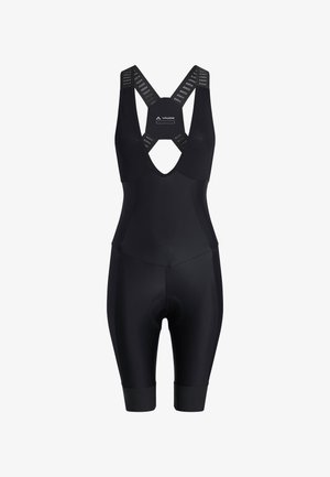 Cuissard de cyclisme noir une pièce avec siège rembourré et larges bretelles perforées, marqué du logo Vaude sur le panneau arrière.