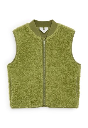 Veste sans manches en polaire vert olive avec fermeture éclair à l'avant et col côtelé, en tissu sherpa texturé.
