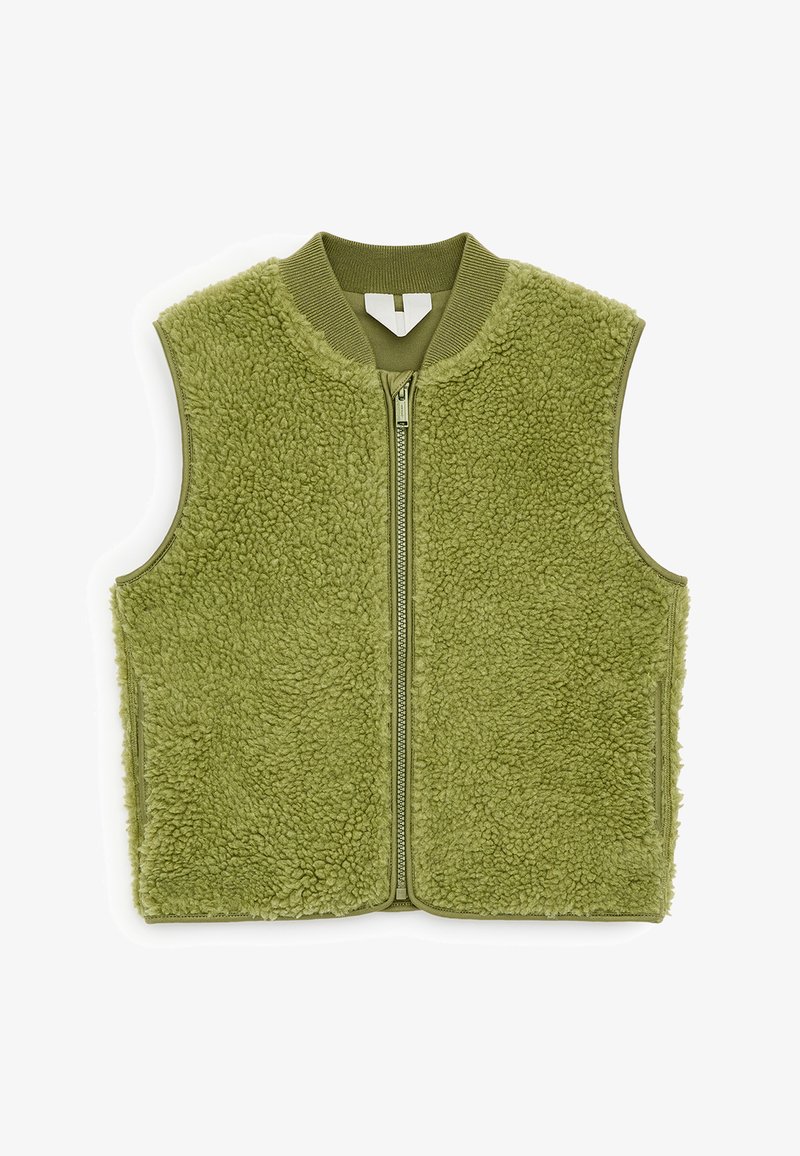 Veste sans manches en polaire vert olive avec fermeture éclair à l'avant et col côtelé, en tissu sherpa texturé.