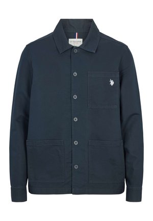 Tamsiai mėlynas medvilninis švarkas su sagomis priekyje, dviem didelėmis kišenėmis, krūtinės kišene ir mažuoju balto logotipo ženklu kairėje pusėje.