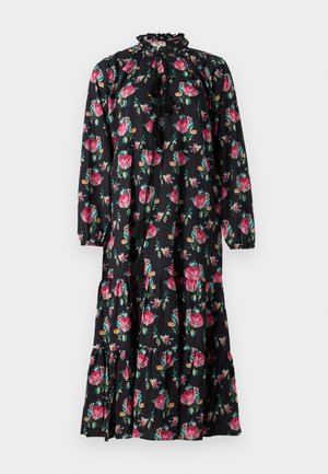 Floral maxi dress in black with pink roses and green leaves. Features a ruffled neckline, long sleeves, and tiered skirt design.