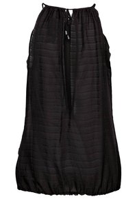 Top nero senza maniche realizzato in tessuto leggero con un motivo a righe testurizzato. Presenta un collo arricciato e un design con schiena aperta.
