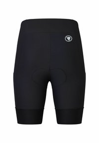 Zwarte fietsbroek met een gevormd gepolsterd gedeelte, strakke pasvorm en gladde textuur. Heeft een logo op de achterzijde van de taille en gestikte naden.