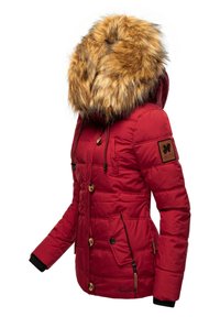 Red puffer jacket with a faux fur hood, featuring wooden buttons, zippered and flap pockets, and ribbed cuffs for warmth.