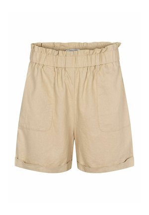 Beiget pellavashortsit, joissa on kerätty joustava vyötärönauha, kaksi etutaskua ja käännetyt lahkeet. Sileä pinta ja rento muotoilu.