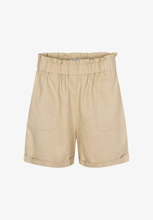 Smėlio spalvos lininės šortai su susmukusia elastinga juosmens juosta, dviem priekinėmis kišenėmis ir suvyniotais rankogaliais. Lygios tekstūros ir laisvo stiliaus dizainas.
