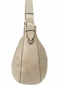 Torba hobo w jasnym beżowym skórze o gładkiej fakturze, regulowanym pasku i okrąłym akcentem metalowym u podstawy paska.