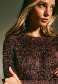 Maglione marrone fluffy con una superficie testurizzata e soffice. Presenta un colletto rotondo e maniche lunghe. Sfumature sottili aggiungono interesse visivo.