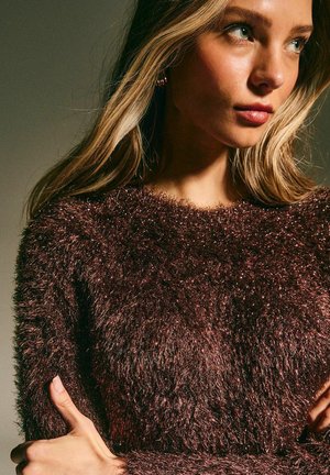 Suéter marrón esponjoso con una superficie texturada y peluda. Presenta un escote redondo y mangas largas. Brillos sutiles añaden interés visual.