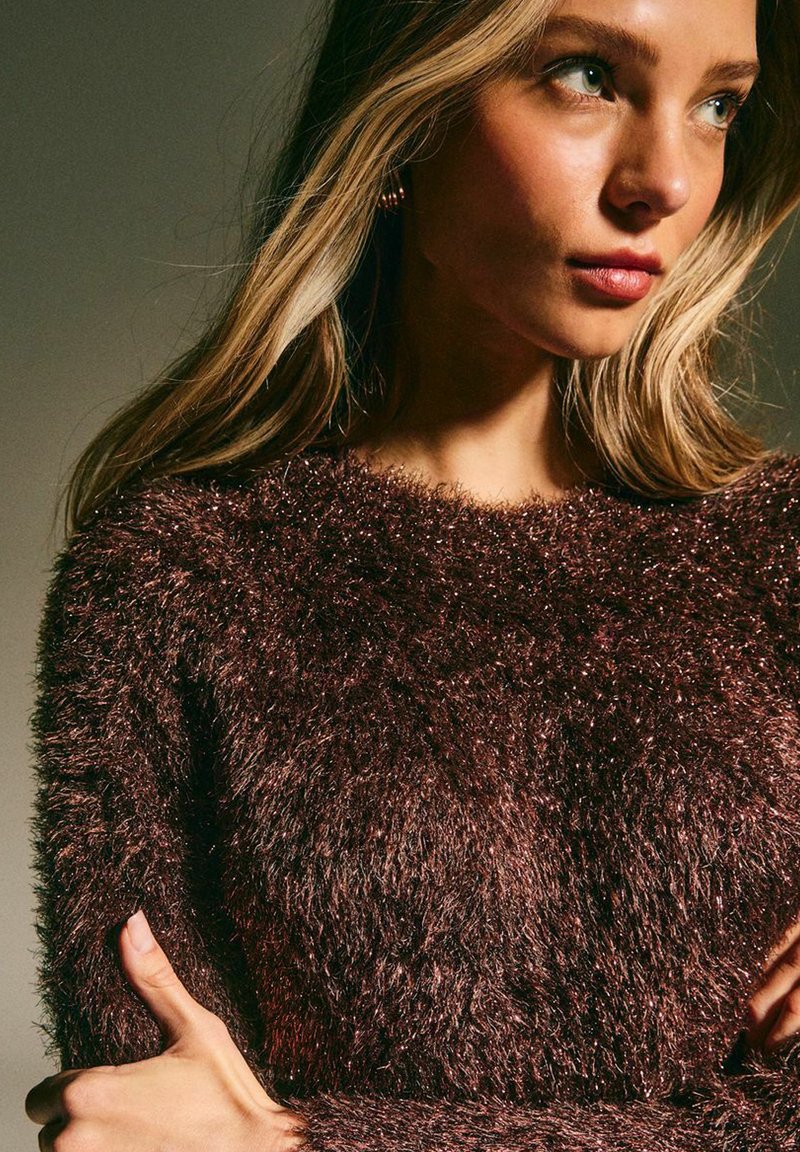 Maglione marrone fluffy con una superficie testurizzata e soffice. Presenta un colletto rotondo e maniche lunghe. Sfumature sottili aggiungono interesse visivo.