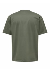 Olive green, short-sleeve t-shirt made from soft cotton; features a simple, crew neckline and straight hem. No graphic designs or accents.