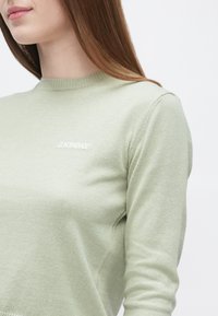 Vaaleanvihreä neulepaita, jossa on pyöreä pääntie, hienovaraiset resorit kauluksessa ja pieni kirjailtu logo rinnassa.