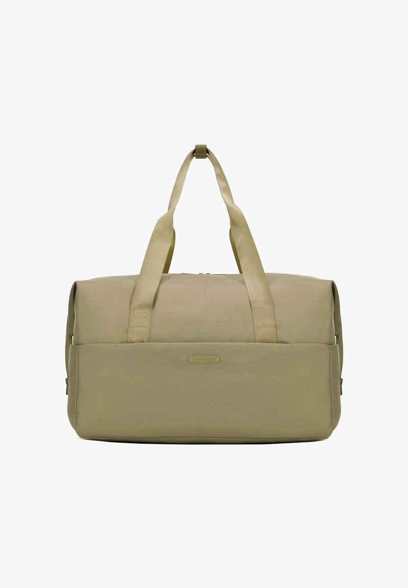 Borsa da viaggio beige realizzata in tessuto durevole, dotata di due manici superiori, chiusura a zip e patch orizzontale con logo sulla parte frontale.