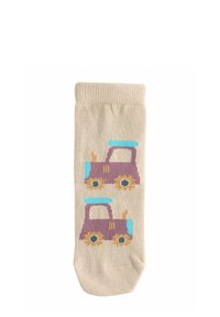 Calcetín beige con dos ilustraciones de tractores en púrpura y azul apiladas verticalmente a lo largo de la longitud.