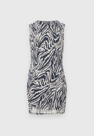 Vestido sem mangas com um padrão de zebra em azul-marinho e creme, com uma forma ajustada e um tecido suave e leve.