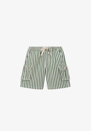 Shorts rayés verticalement vert et blanc avec poches avant, poches cargo sur les côtés et cordon blanc à la taille élastique.